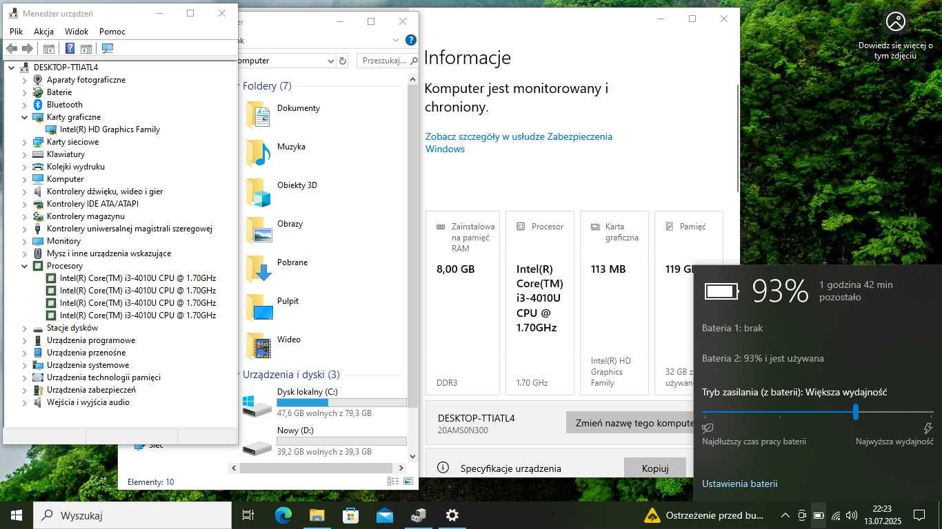 Lenovo X240, dysk SSD, RAM 8GB, Core i3, matr. 1366x768.