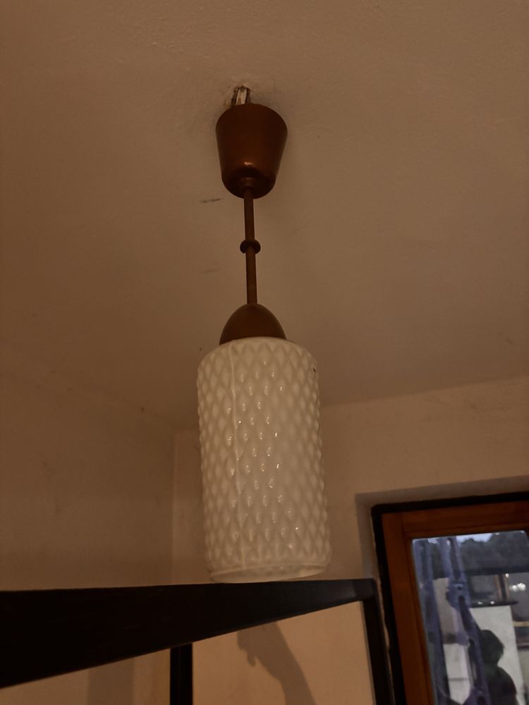 Lampa szklany klosz bialy +miedz