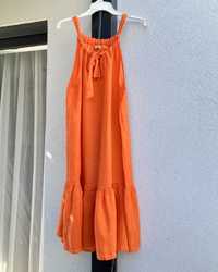 Lniana sukienka letnia z falbaną oversize 100% len pomarańczowa