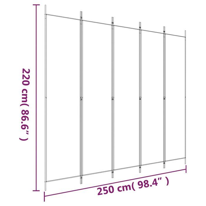 vidaXL Parawan 5-panelowy, biały, 250x220 cm, tkanina