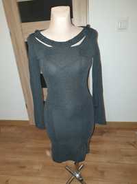 Sukienka dopasowana szara z długim rękawem  midi elegancka 38 M