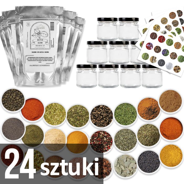 Zestaw przyprawy, zioła + 24x słoiczki 106 ml zakrętka + 75x etykiety