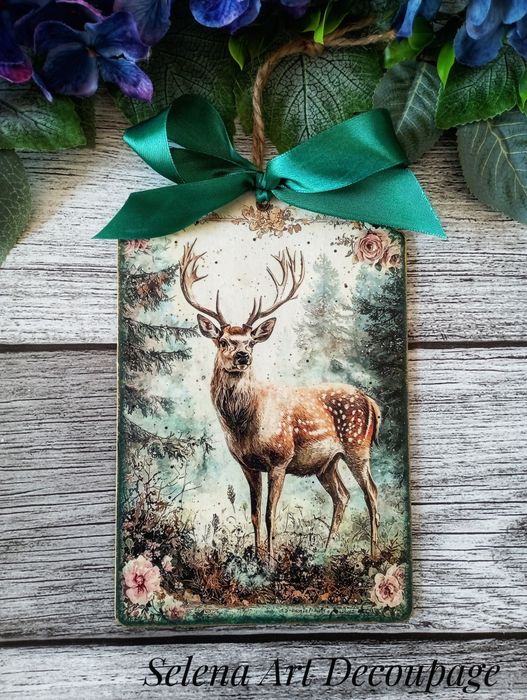 Dekoracyjny obrazek z jeleniem vintage shabby chic farmhouse decoupage