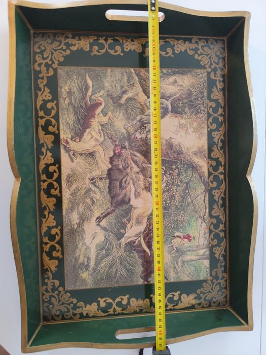 Drewniana taca z grafiką myśliwską ozdobna