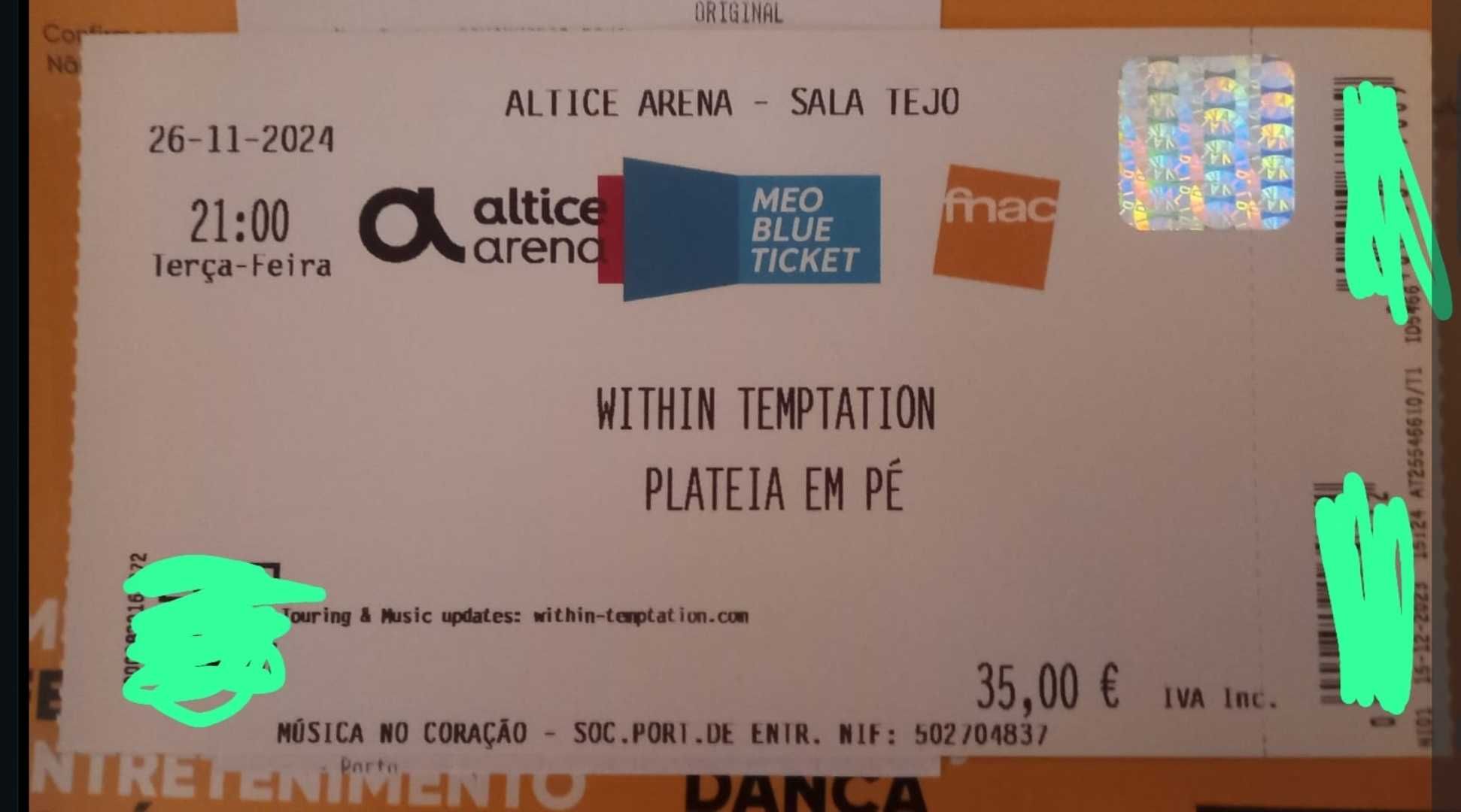 Vendo bilhete Within Temptation 26Novembro