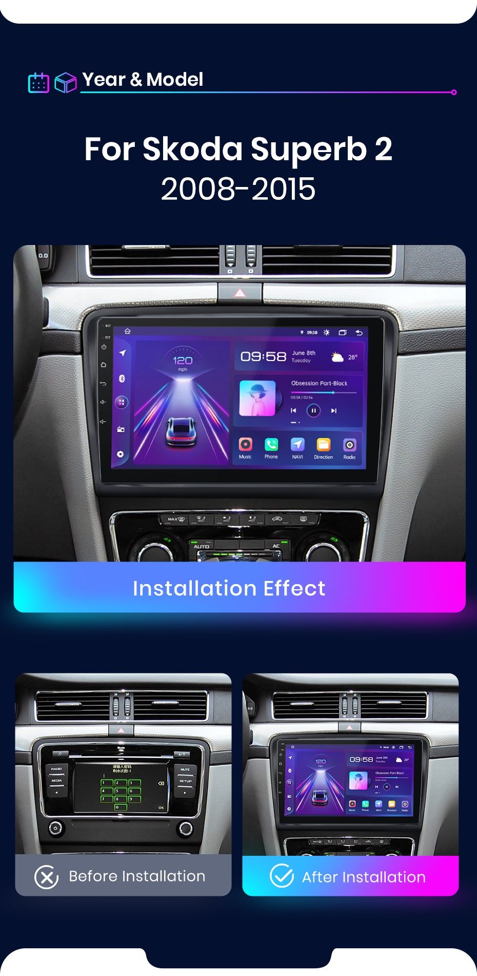 Rádio Android Skoda Superb 2 2008 a 2015 CARPLAY GPS wifi BT NOVO