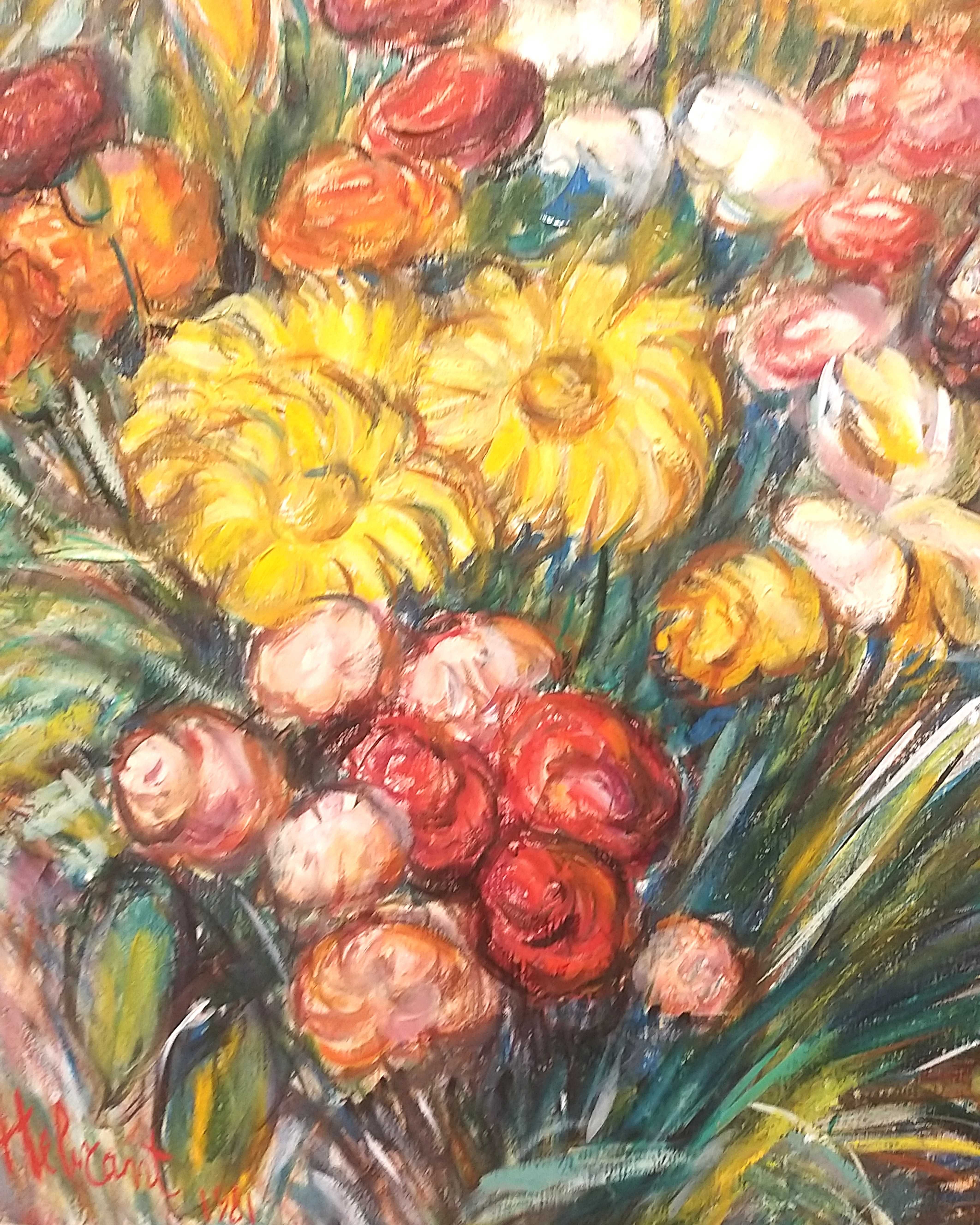 Olej na płótnie "Bukiet kwiatów" R. Hebrant 1981r Belgia  65/54cm