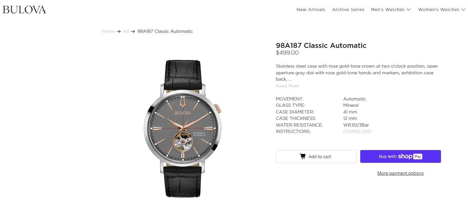 Мужские часы Bulova 98A187 - механика, автоподзавод, открытый механизм