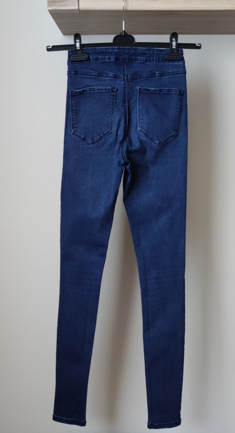 Spodnie dżinsy XS 34 Denim co rurki wysoki stan granatowe