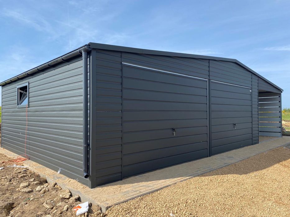 Garaż blaszany 6x5.8 plus wiata 3x5.8, grafit. Profil zamknięty.