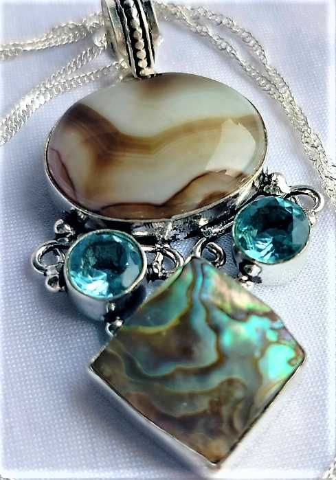 Srebrny Naszyjnik: Agat Blue Topaz Tęcza Abalone