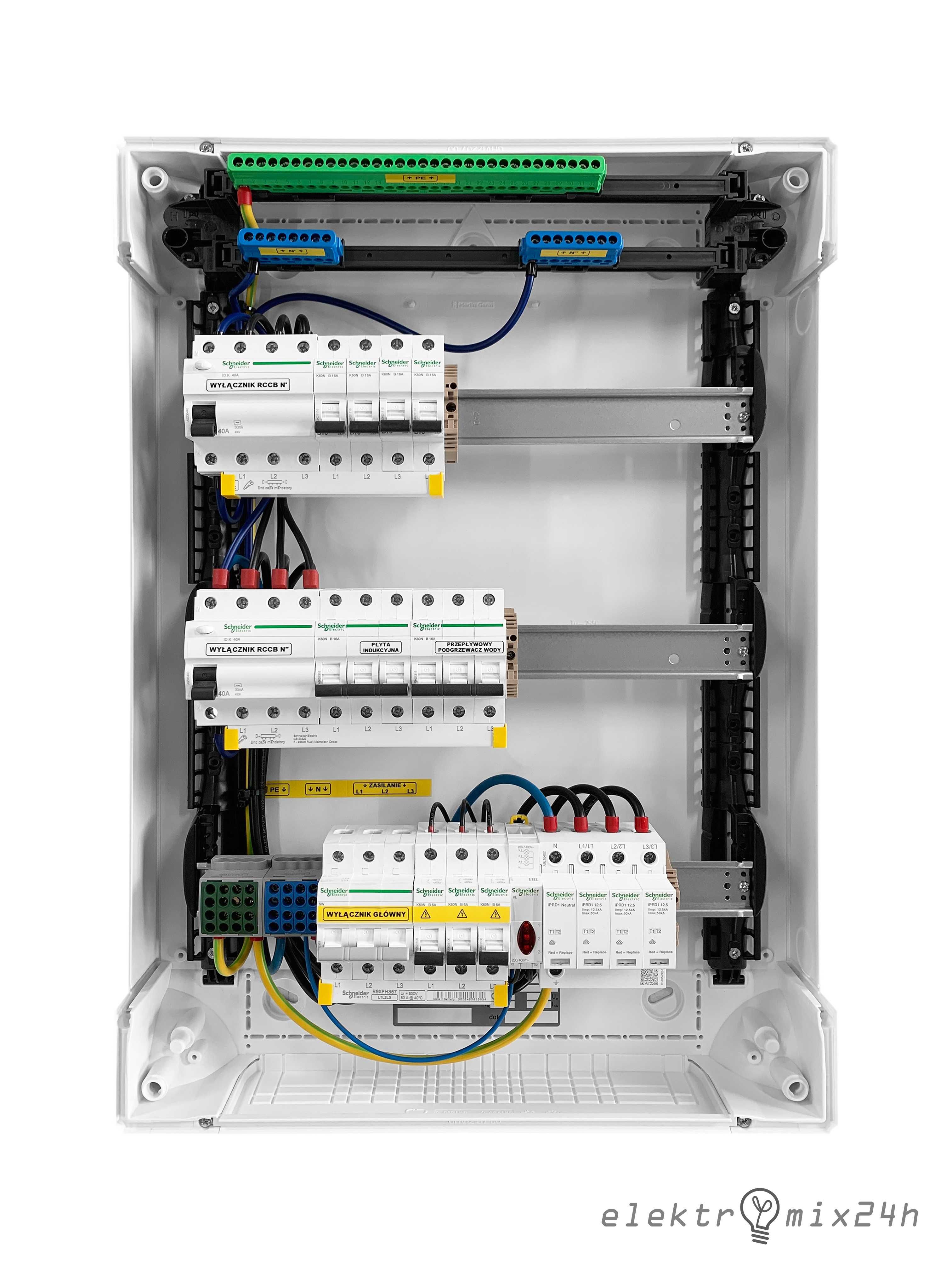 Rozdzielnica elektryczna natynkowa, wyposażona 3x18 modułów Schneider