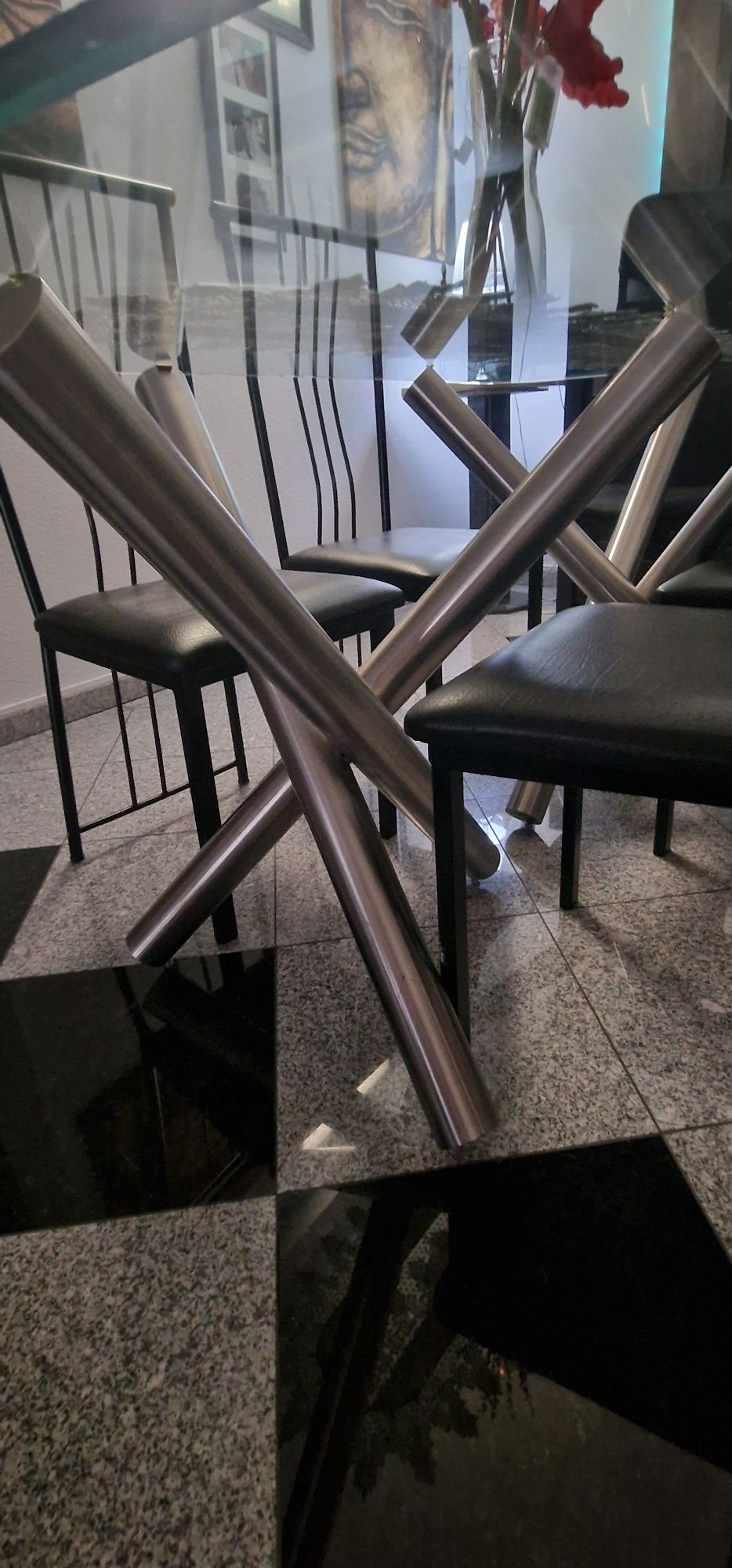 Mesa sala de jantar inox e vidro