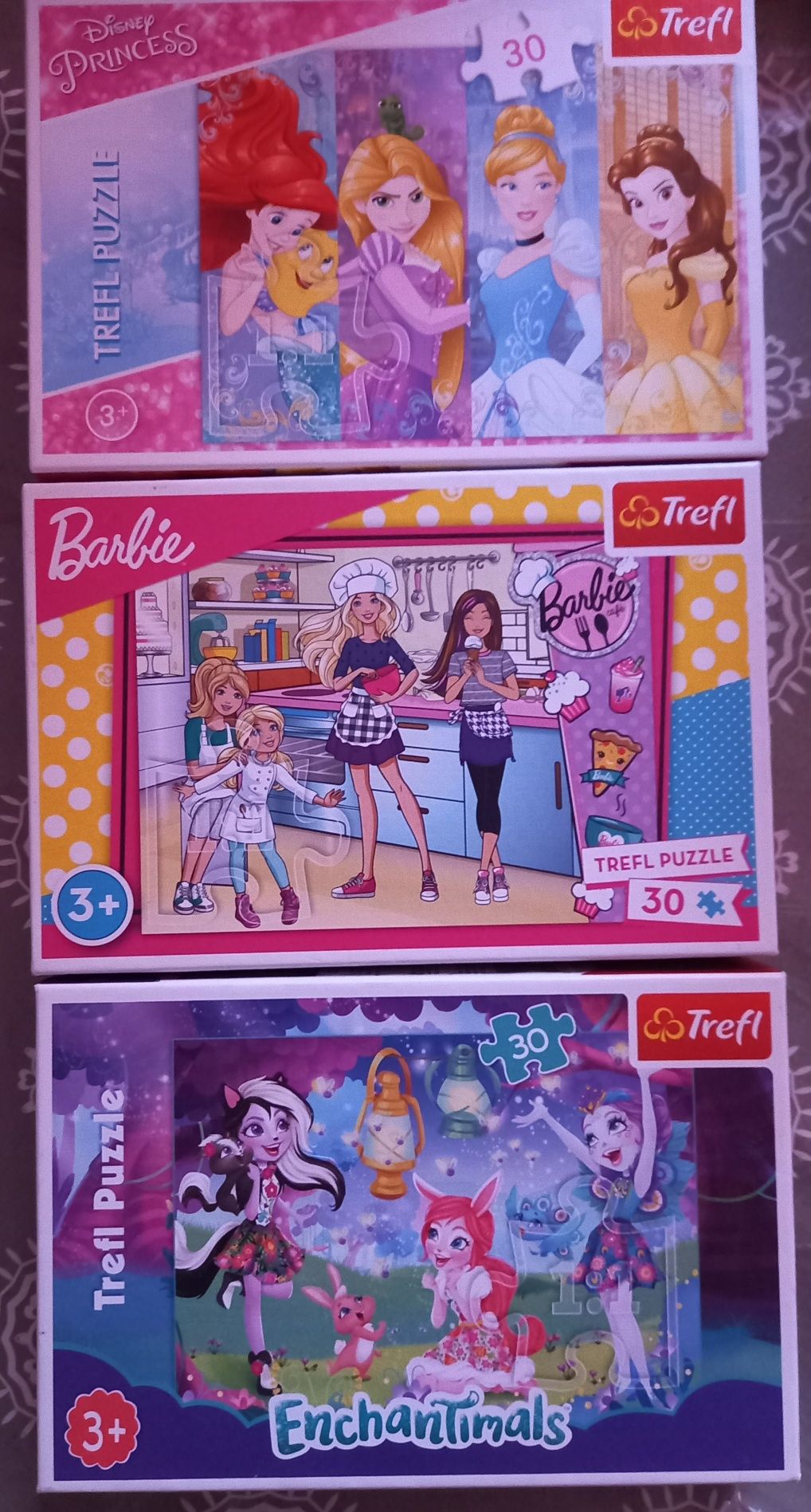 Puzzle Trefl 3+ (30 elementow, Princess, Barbie, EnchanTimals)