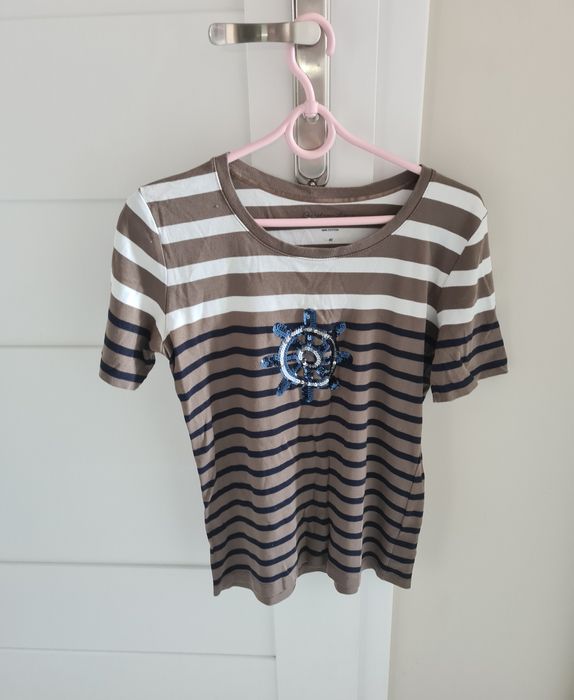 Bluzka T-shirt w paski biało brązowa kolo marynarska christian berg