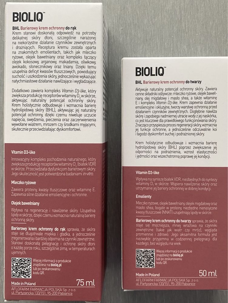 2x Bioliq Barierowy krem do twarzy i rąk BHL od 1 dnia życia ochronny
