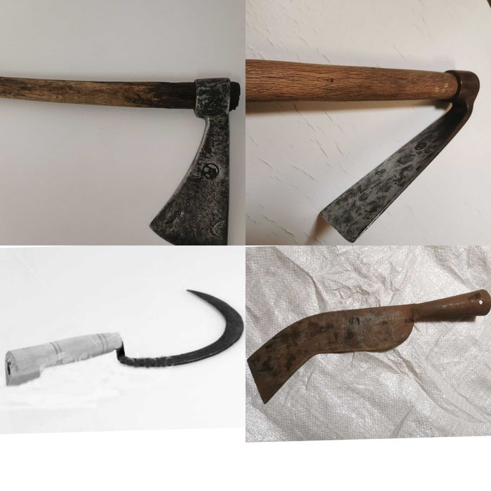 Machado numerado com cunho / Enxó / Catana / Foice - (4 peças antigas)