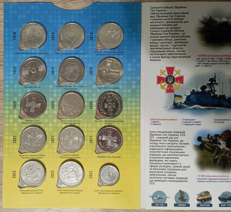 Всі 27 монет ЗБРОЙНІ СИЛИ УКРАЇНИ 10 грн з ролів 2018-2025р. Є альбом