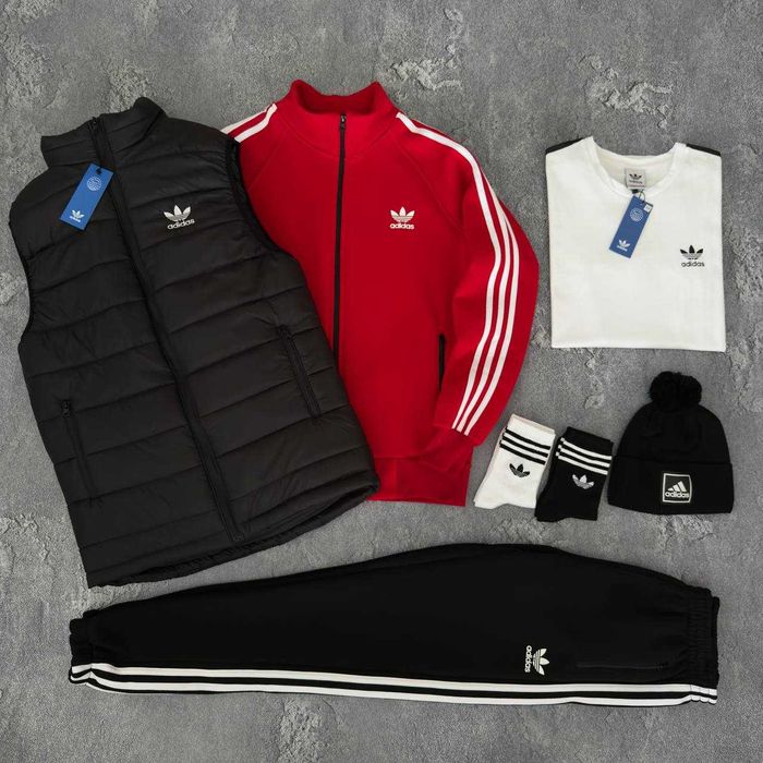 Зимовий чоловічий комплект Adidas (жилет+кофта+штани+футболка+шапка)