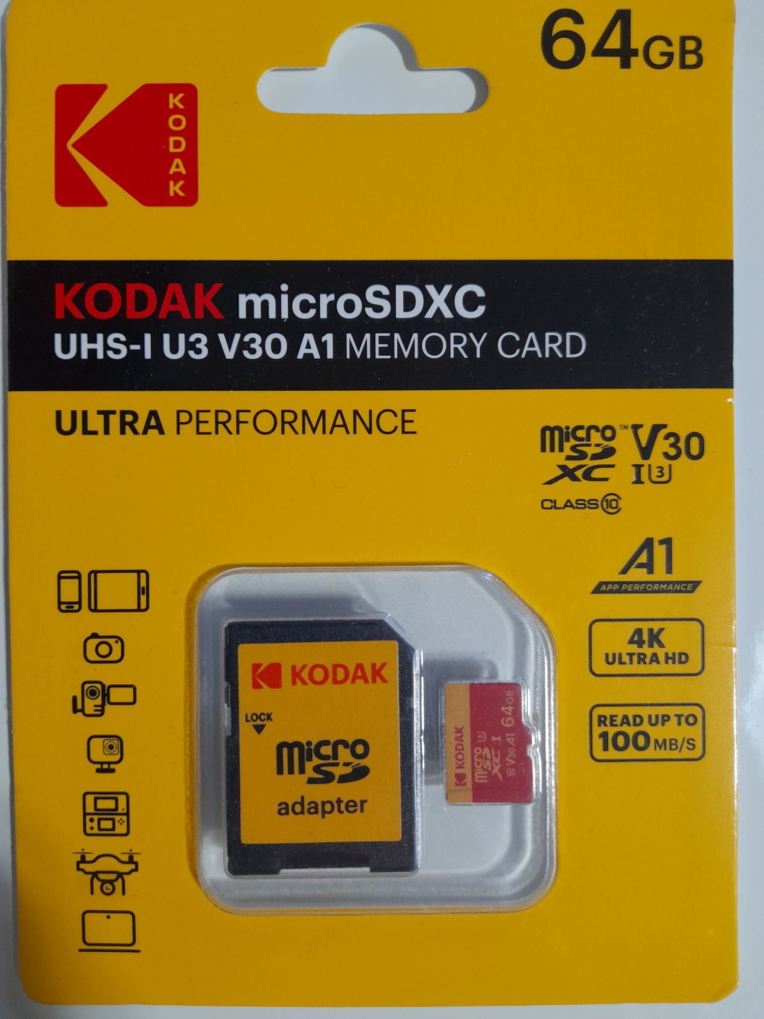 Карта памяти KODAK Micro SD/TF 64Гб  RED с адаптером 64ГБ  (U3/V30/A1)