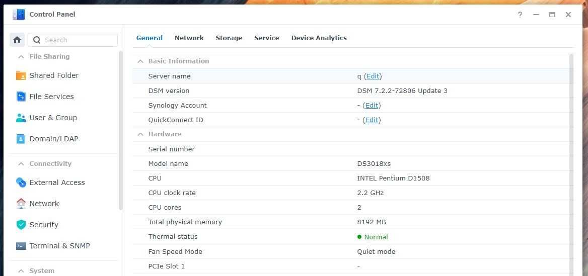 Synology Ds3018xs 8GB ECC RAM, Pentium D1508, PCI-Express, DSM 7.2.2
