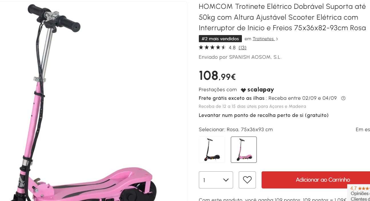 HOMCOM Trotinete Elétrico Dobrável