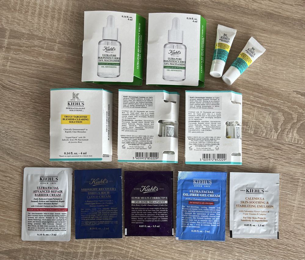 Box kosmetyków Kiehl’s próbki kwas salicylowy niacynamid lotion serum