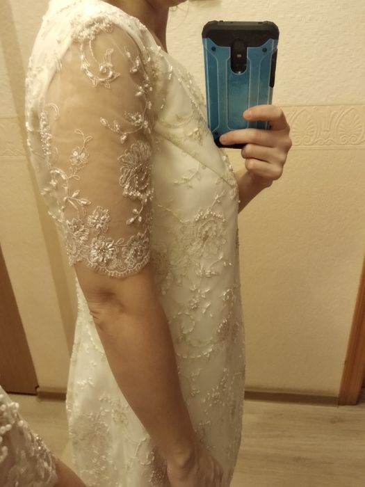 44-46-48 р. Платье нарядное свадебное айвори короткое до колена бисер