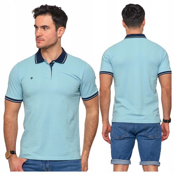 Koszulka Polo Męska Bawełniana Polówka Modna Premium Niebieska Moraj S