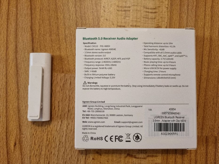 Блютус аудіо адаптер Ugreen Bluetooth 5.0 aptX Audio Receiver (CM110)