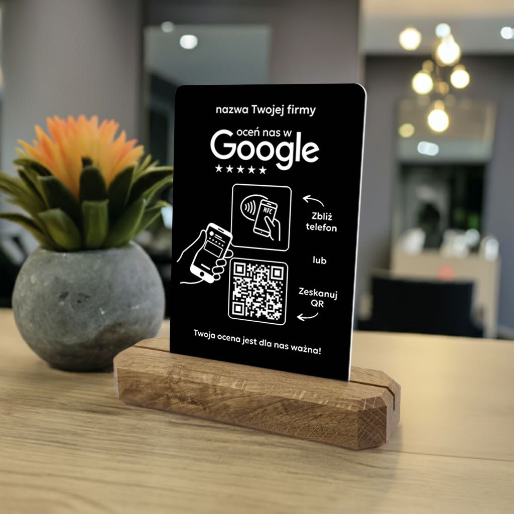 Stojak prezenter z QR i NFC do zbierania opinii w Google + nazwa firmy