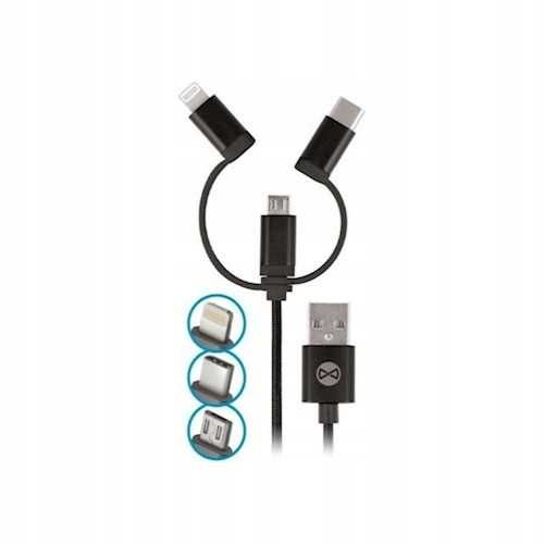 Ładowarka Sieciowa USB 2A czarna 3in1 kabel nylon