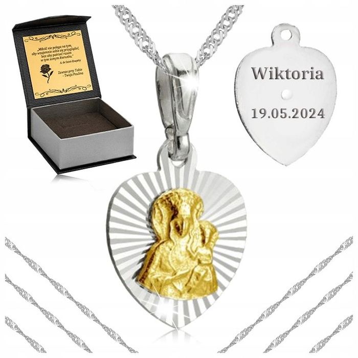 Srebrny Łańcuszek + Medalik 925 Prezent Dla Dziewczynki Na Komunię + G