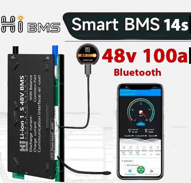 Smart BMS 14S 48V 100А HI BMS с блютуз, Li-Ion контроллер плата защиты