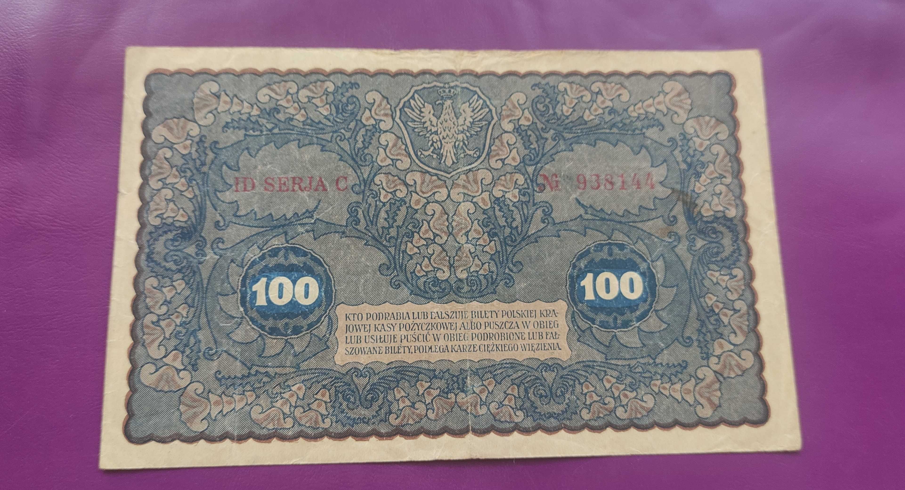 Banknot 100 MAREK POLSKICH 1919 ID Serja C - Ładny !