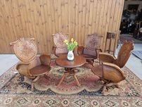 Rzeźbione  fotele 4 szt + stolik orzech orient wypoczynek #1592 Węgrów
