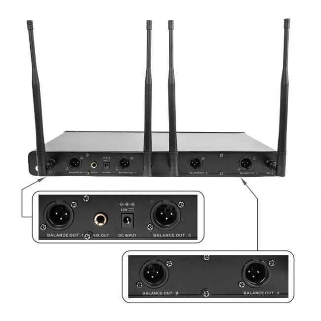 Zestaw bezprzewodowy 4 mikrofony 3 - do ręki 1 - nagłowny bodypack UHF