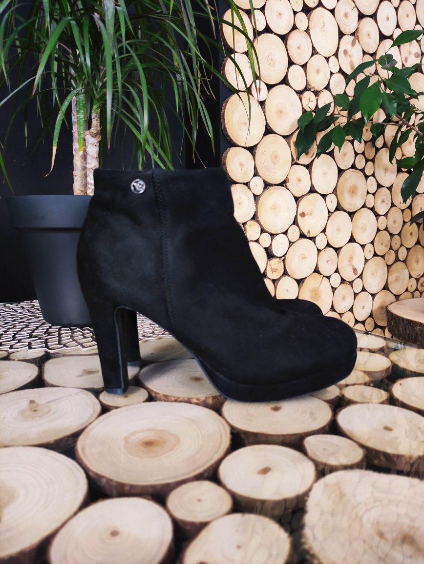 Glamour czarne botki damskie 39 zamsz stylowe obcas szpilka wygodne