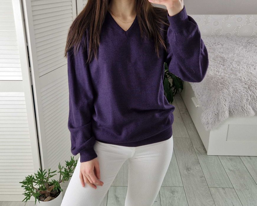 Lindbergh fioletowy wełniany sweter w serek 50% wełna merino XL