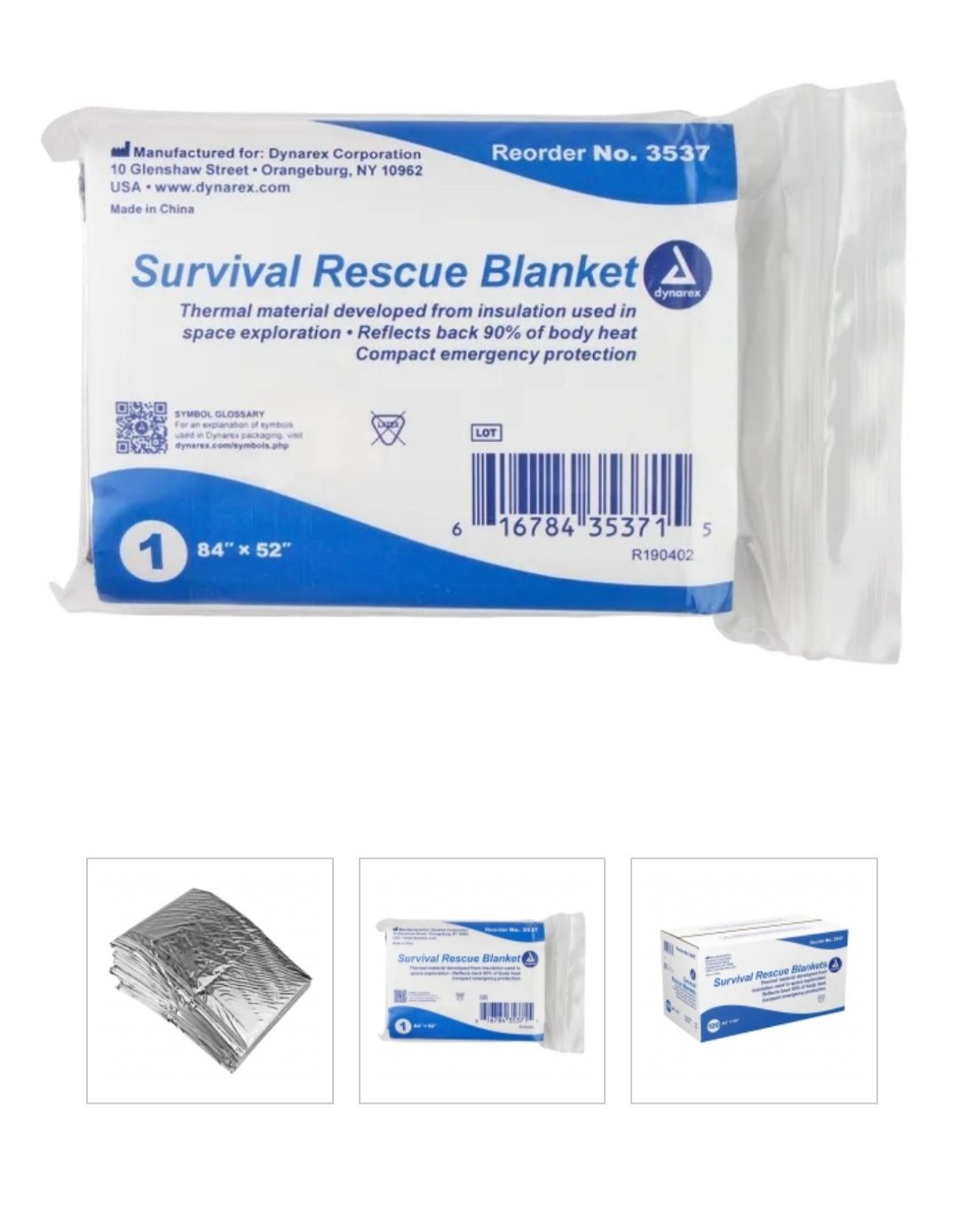 Ковдра Dynarex® Emergency Survival Rescue, 84 x 52 дюйма