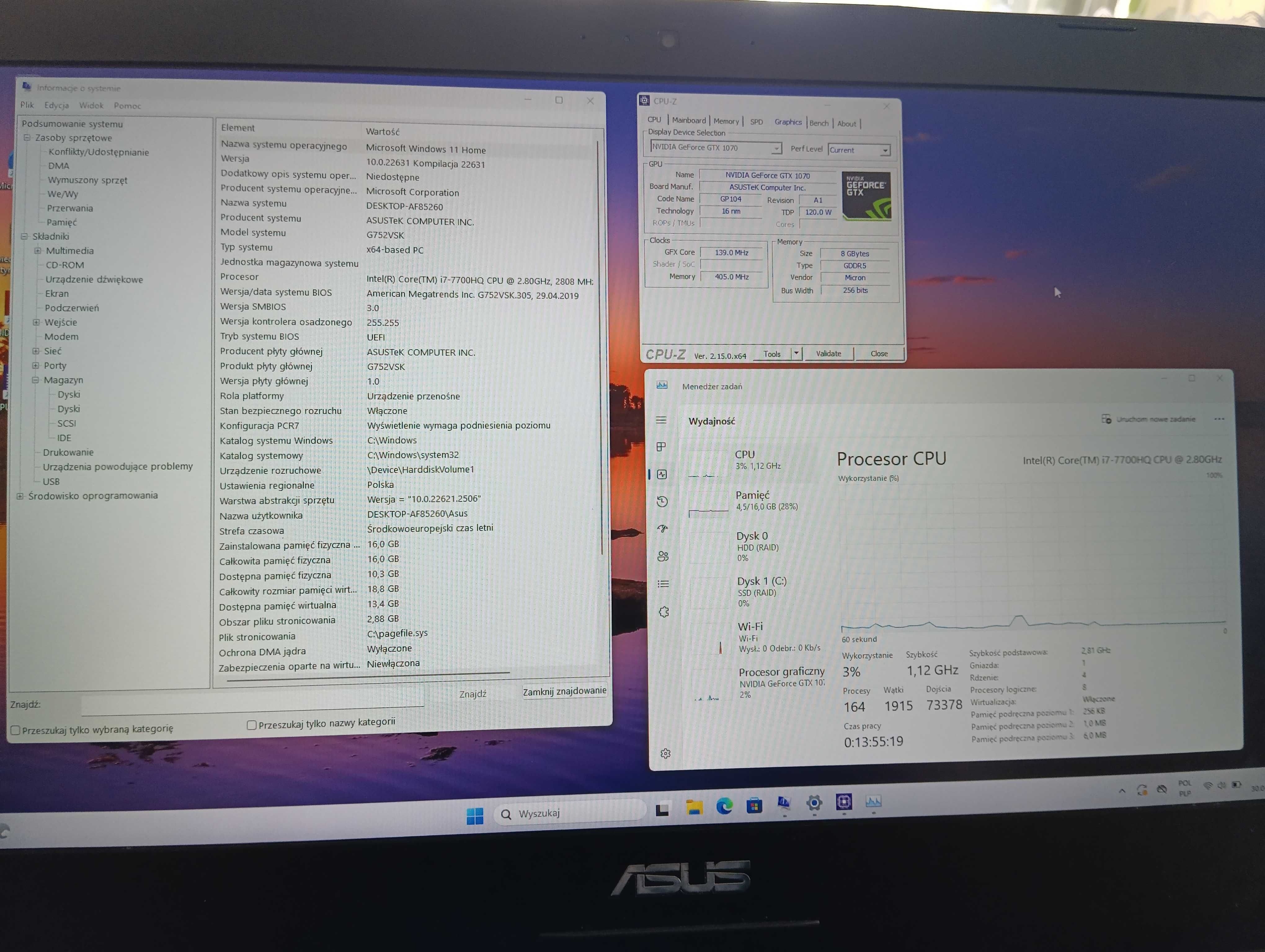 Laptop do Gier/ASUS G752V/i7-7700/16GB/256GB SSD/GeForce GTX 1070 8GB
