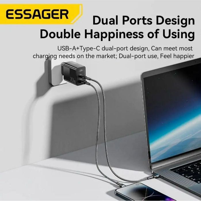 Быстрое зарядное устройство ESSAGER 33 W USB+Type-C White