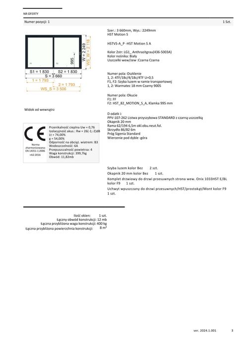 HST PCV Drzwi przesuwne, tarasowe, kolor antracyt