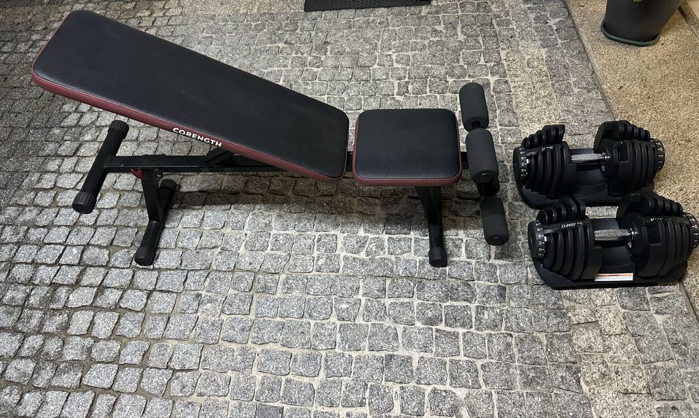 Halteres ajustáveis 40kg + banco inclinável