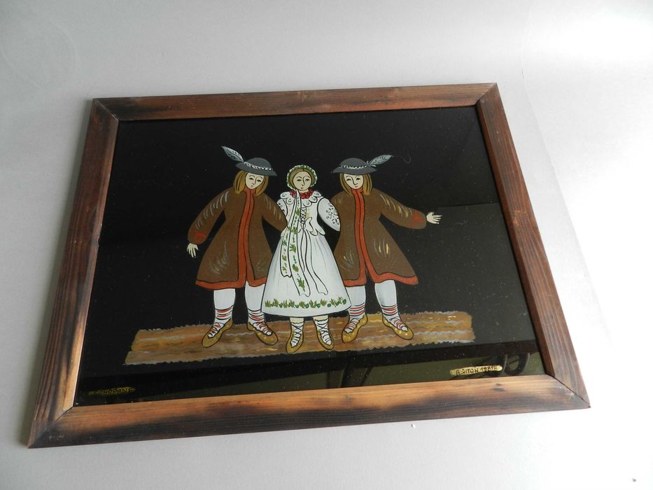 sztuka ludowa obraz malowany na szkle A. Pitoń 1981 Zakopane,  górale,