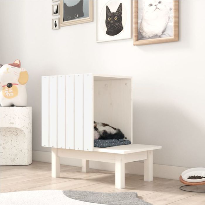 Vidaxl Domek Dla Kota, Biały, 60X36X60 Cm, Lite Drewno Sosnowe