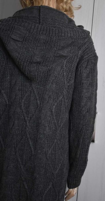 Sweter S M 36 kardigan długi z kapturem płaszcz niezapinany do kostek