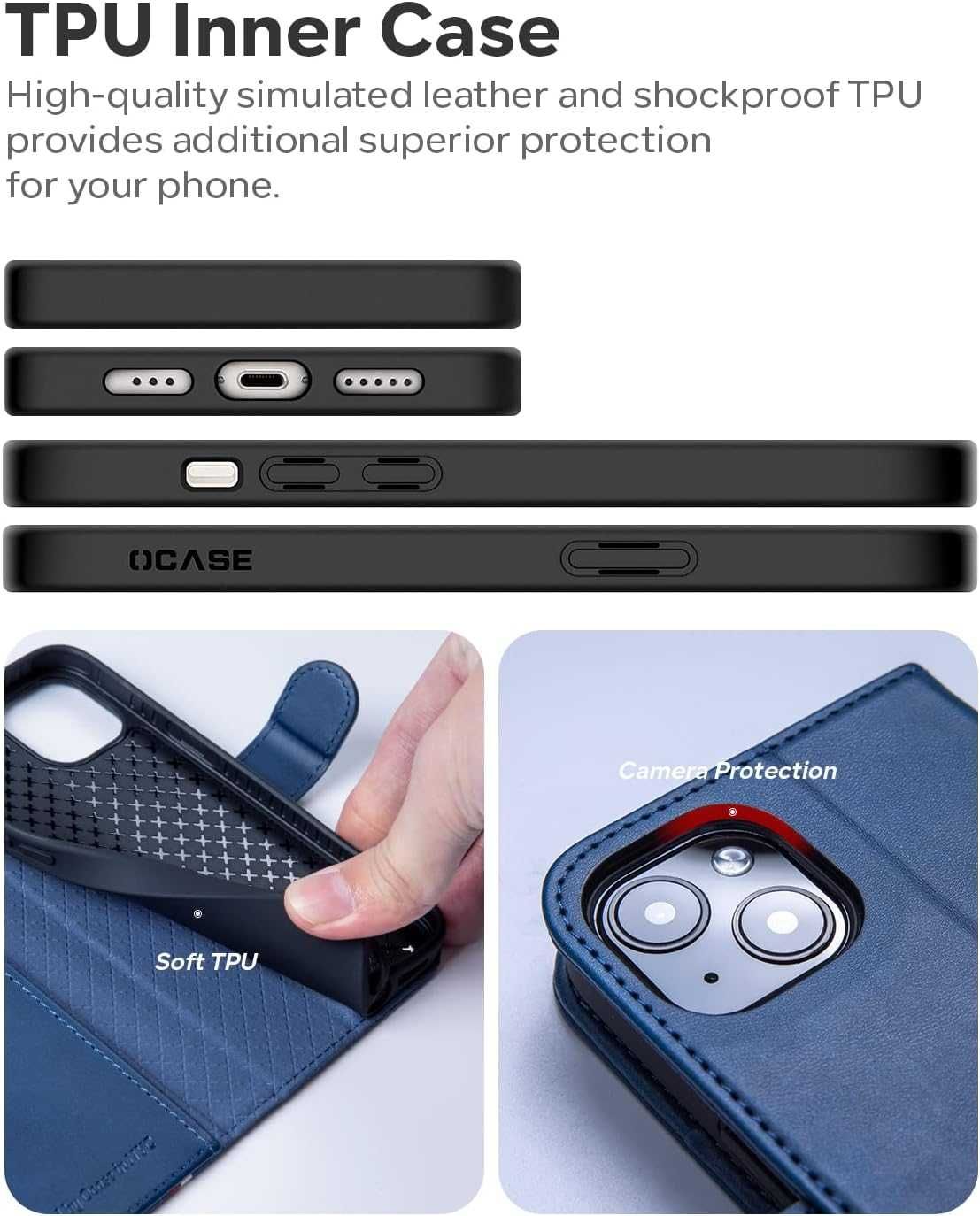 OCASE skórzane etui iPhone 13 iPhone 14 z klapką RFID niebieski