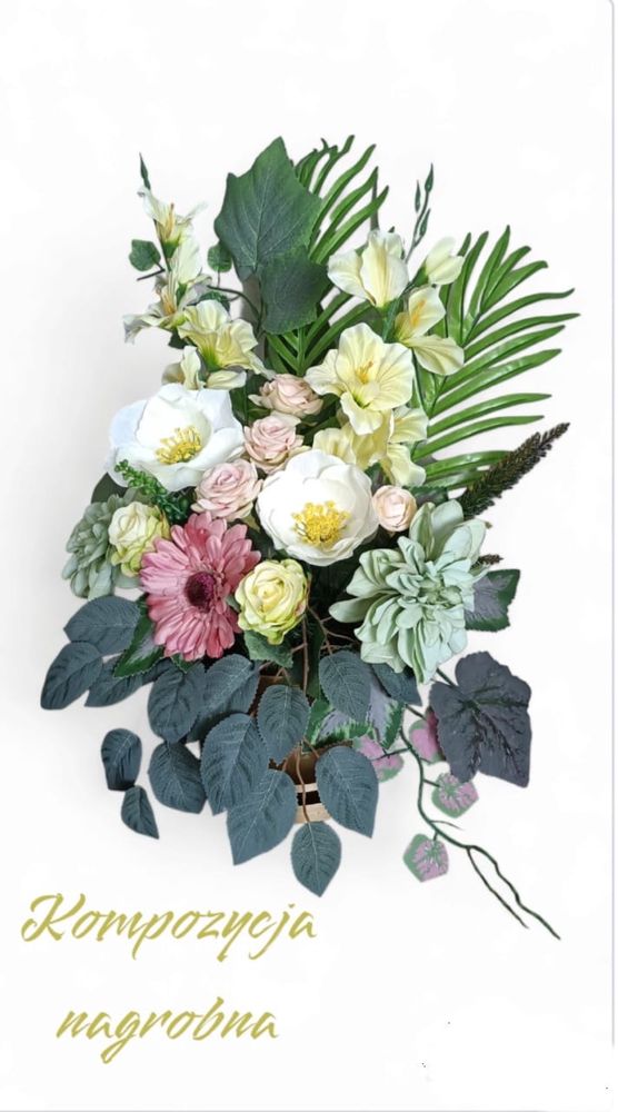 Kompozycja nagrobna w wazonie wiazanka kwiaty sztuczne cmentarz