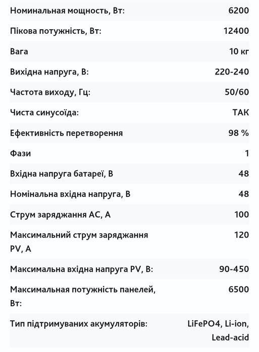 Гібридний інвертор DAXTRON 6.2 Kvt